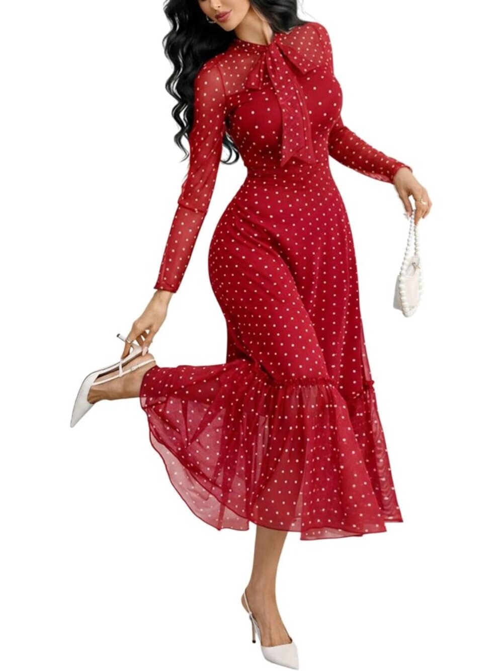 Gothic Polka Dot Dress with Tie Neck Bow & Ruffles | Vintage Fall Fashion, Party